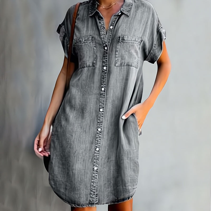 Evelyn | Relaxed Denim Button-Down Short Sleeve Shirt Midi Dress