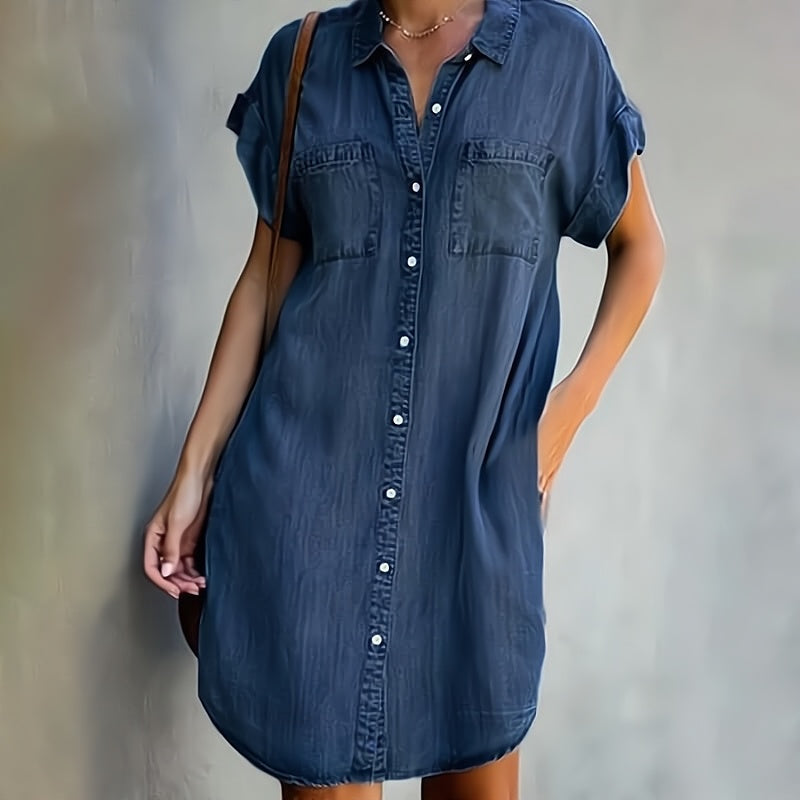 Evelyn | Relaxed Denim Button-Down Short Sleeve Shirt Midi Dress