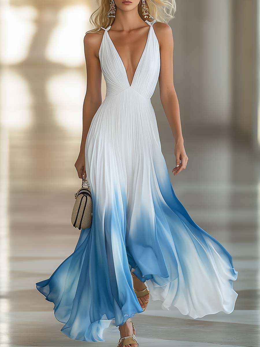 Aurora | Chiffon Ombre Deep V Neck Pleated Maxi Dress