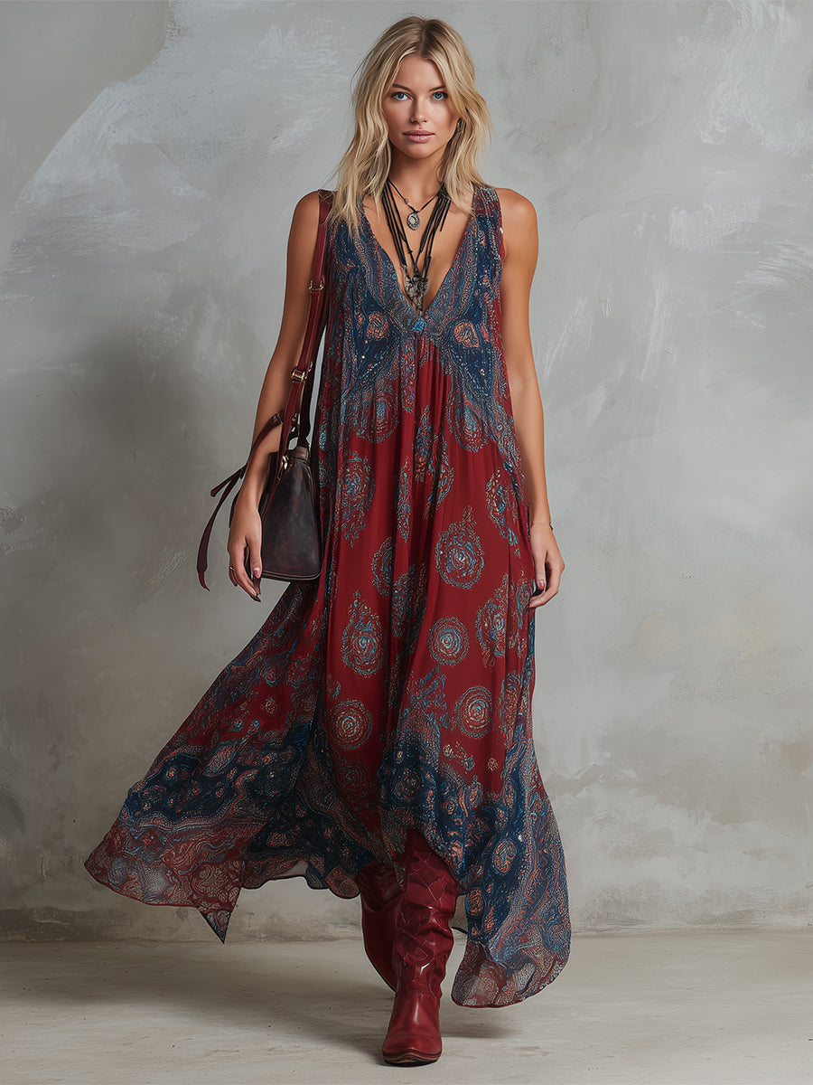 Savannah | Boho Paisley Print Deep V Neck Sleeveless Maxi Dress