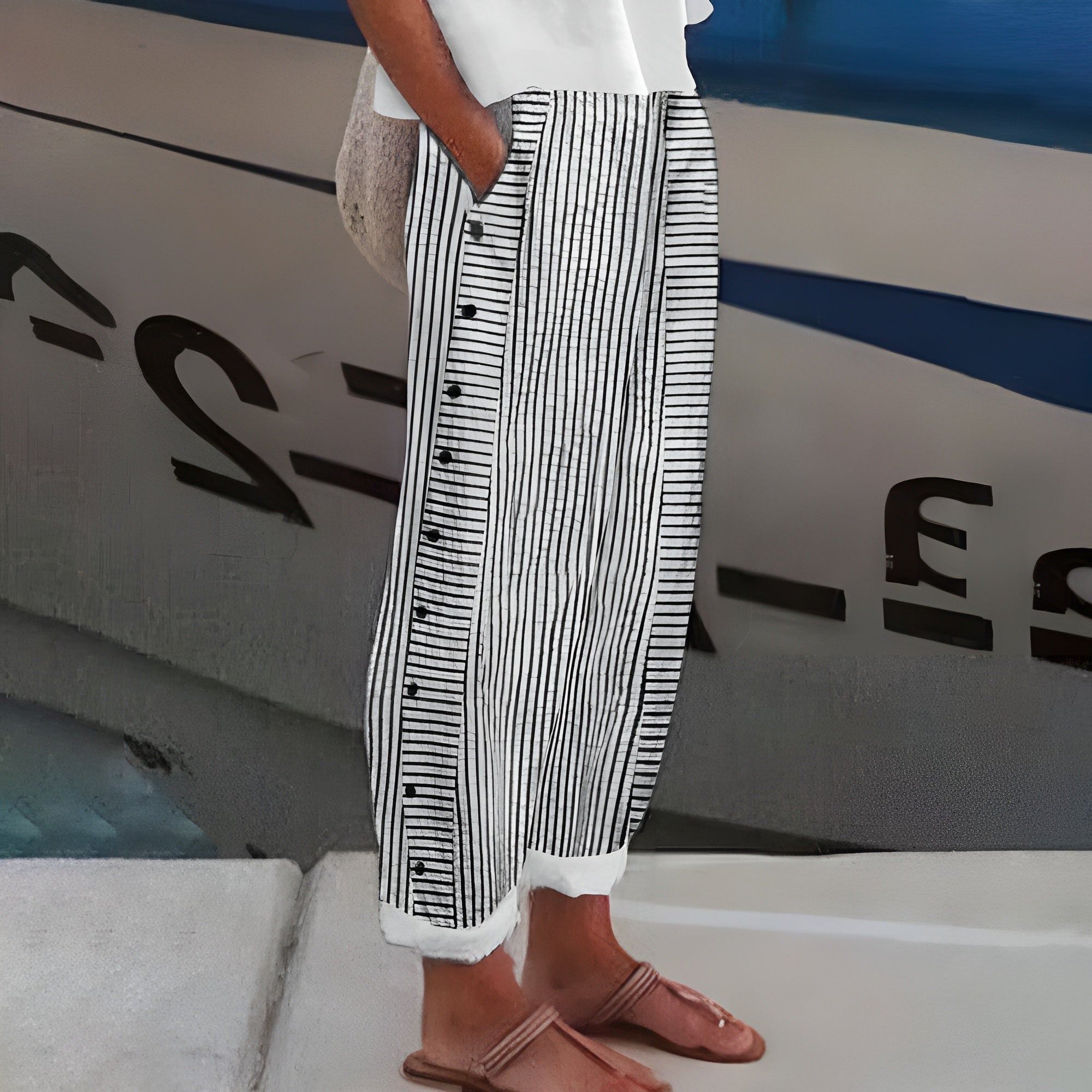 Maristelle | Striped Wide Leg Button-Side Trousers