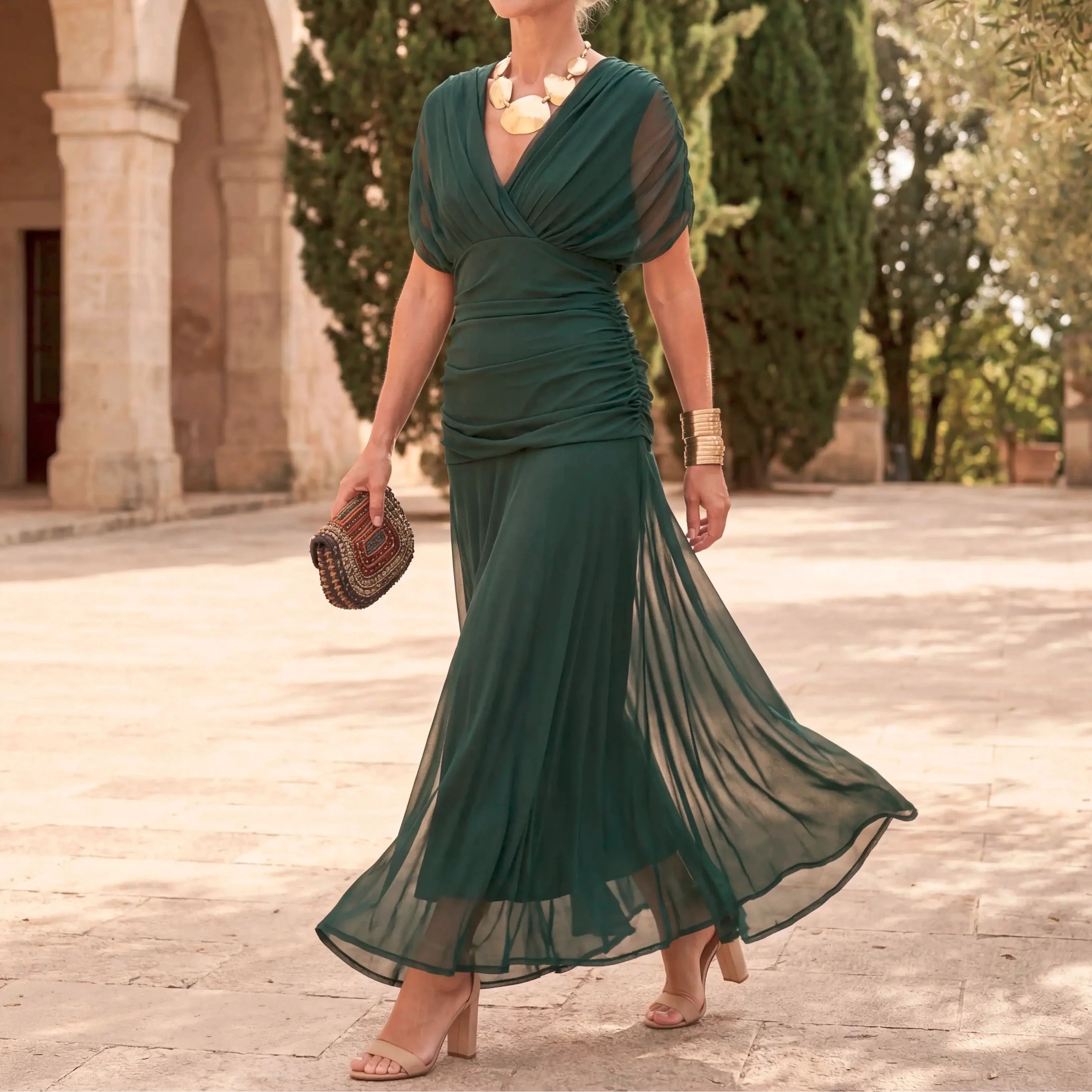 Women's Floral V-Neck Flowy Maxi Dress with Pleated Waist – Summer Wedding Guest | Asha
