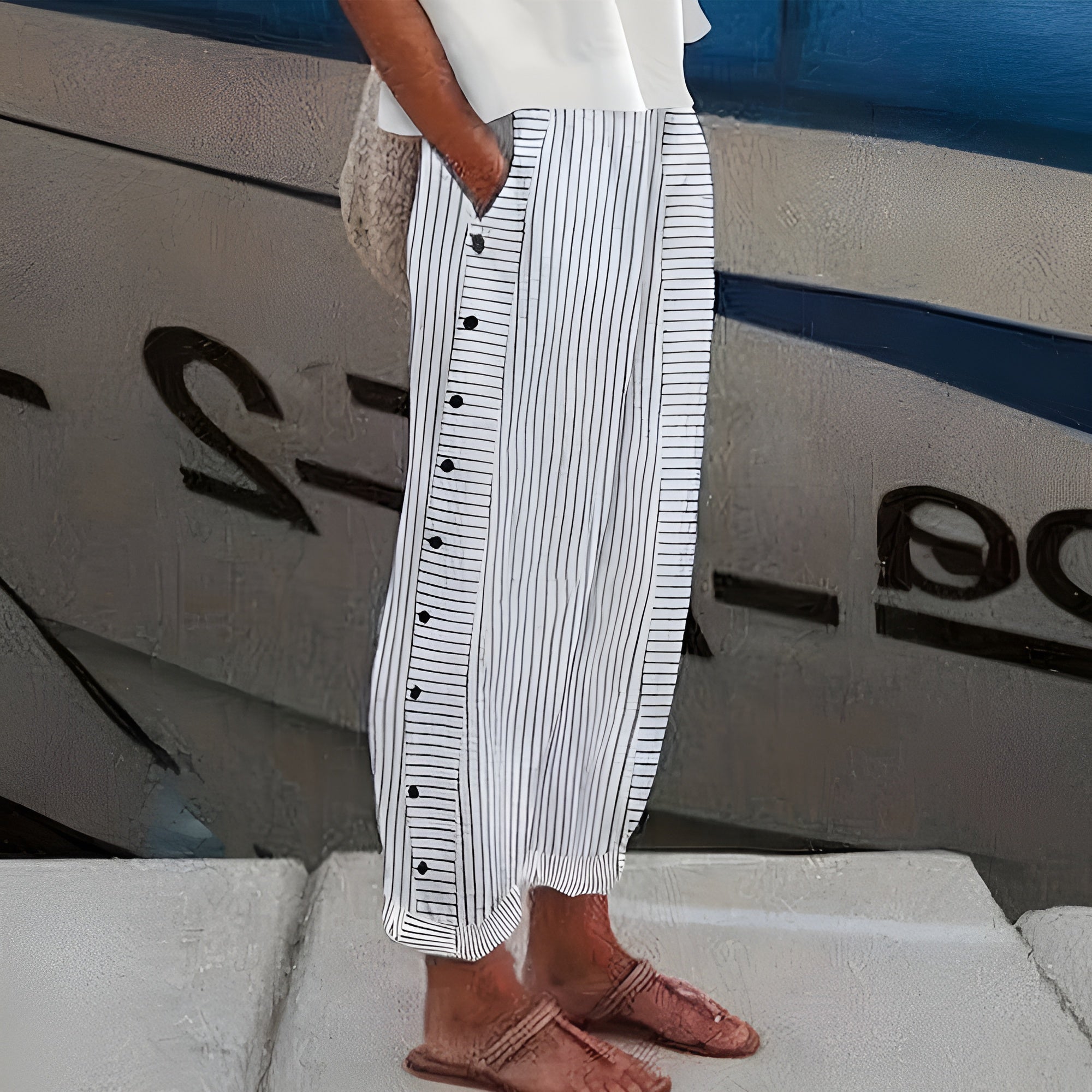 Maristelle | Striped Wide Leg Button-Side Trousers