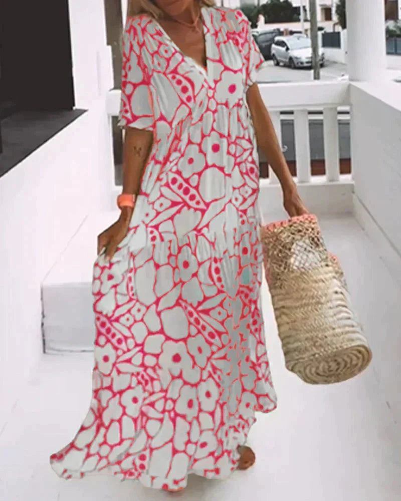 Elodie | Floral Print V Neck Short Sleeve Tiered Maxi Dress