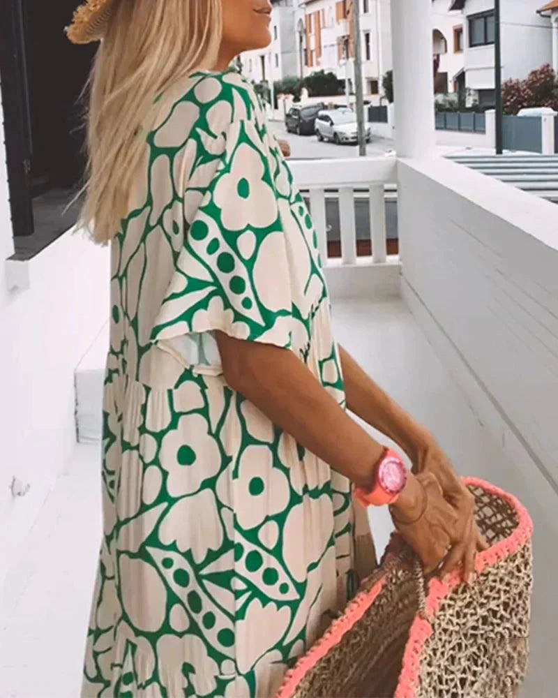 Elodie | Floral Print V Neck Short Sleeve Tiered Maxi Dress