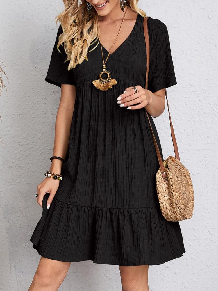 Luna | V Neck Short Sleeve Ruffle Hem Mini Dress
