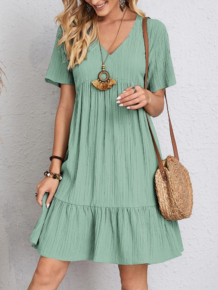 Luna | V Neck Short Sleeve Ruffle Hem Mini Dress
