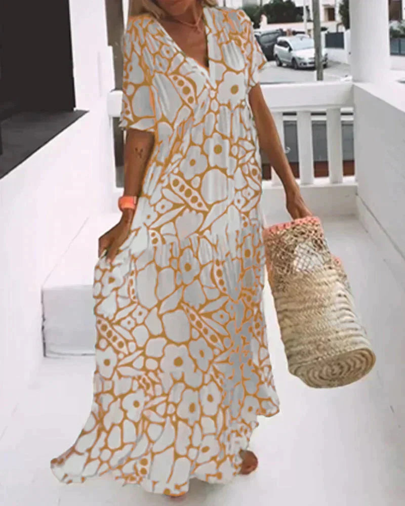 Elodie | Floral Print V Neck Short Sleeve Tiered Maxi Dress