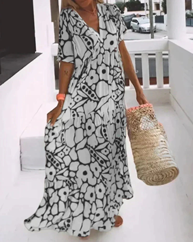 Elodie | Floral Print V Neck Short Sleeve Tiered Maxi Dress