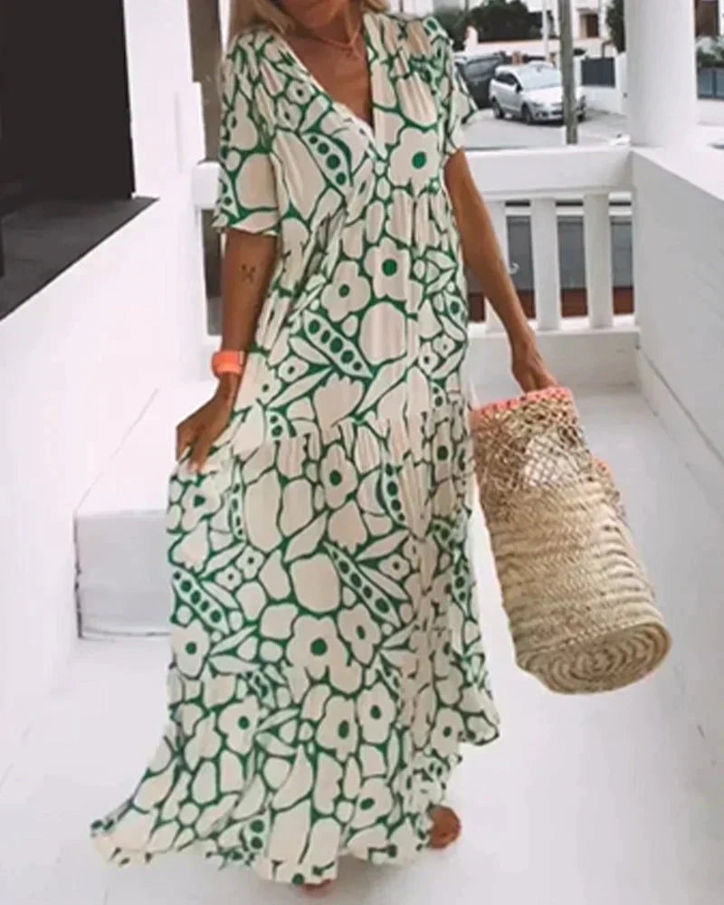Elodie | Floral Print V Neck Short Sleeve Tiered Maxi Dress