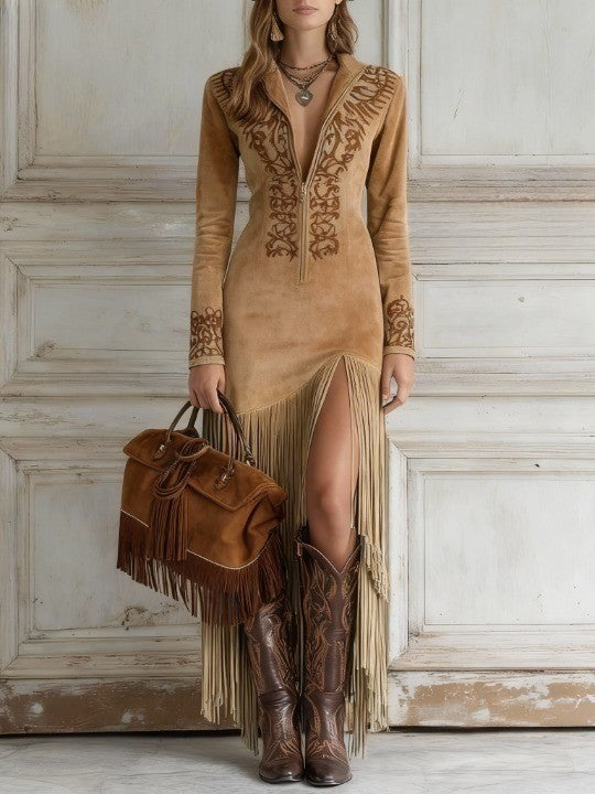 Maria | Western Embroidered Faux Suede Fringe Maxi Dress