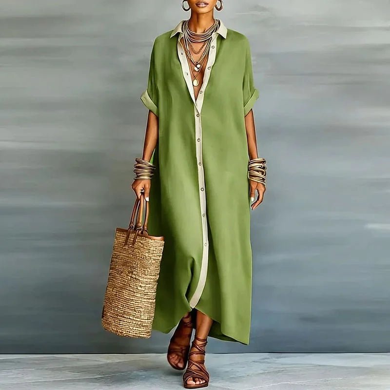 Luna | Relaxed Linen Button-Down Short Sleeve Shirt Maxi Dress