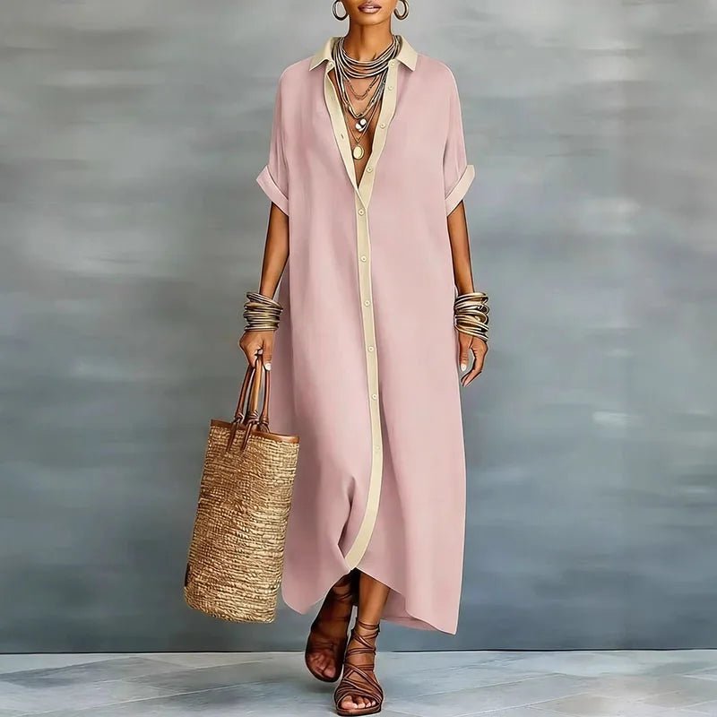 Luna | Relaxed Linen Button-Down Short Sleeve Shirt Maxi Dress