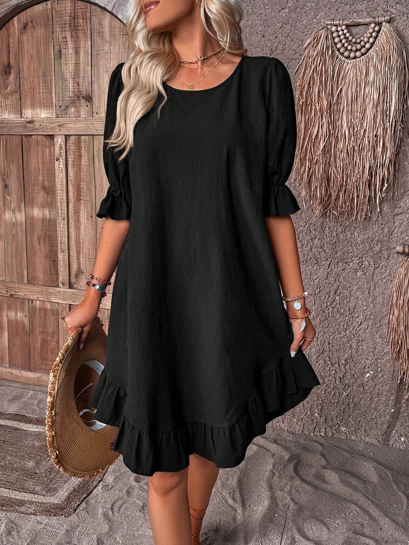 Isolde | Linen Puff Sleeve Ruffle Hem A Line Mini Dress