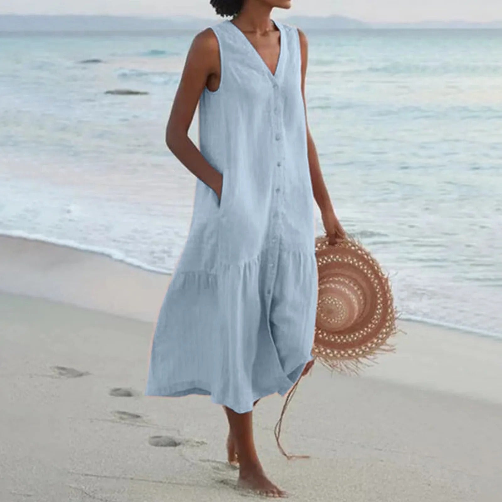 Calista | Sleeveless Linen Button Front Tiered Midi Dress