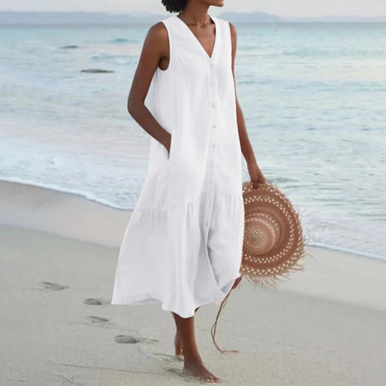 Calista | Sleeveless Linen Button Front Tiered Midi Dress