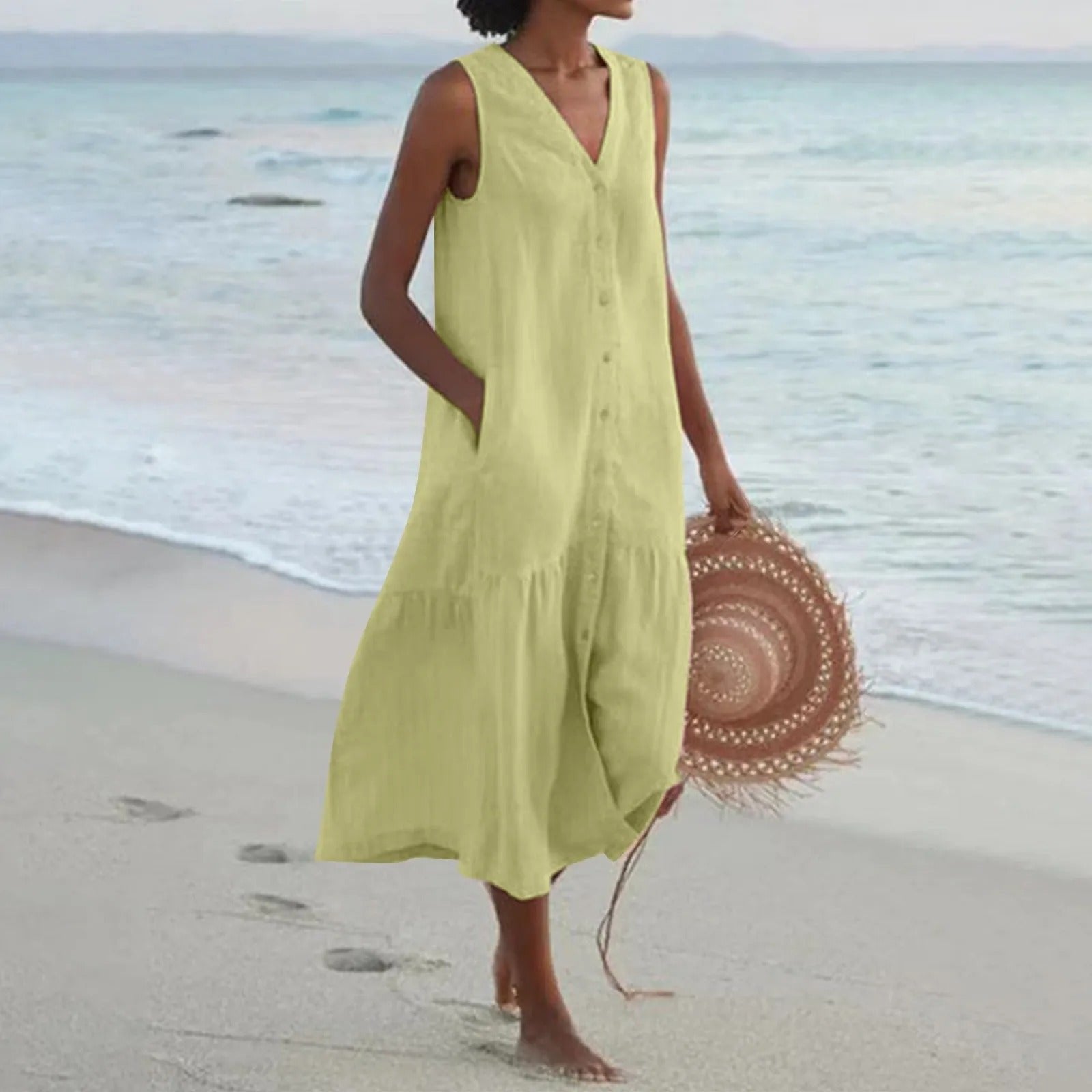 Calista | Sleeveless Linen Button Front Tiered Midi Dress