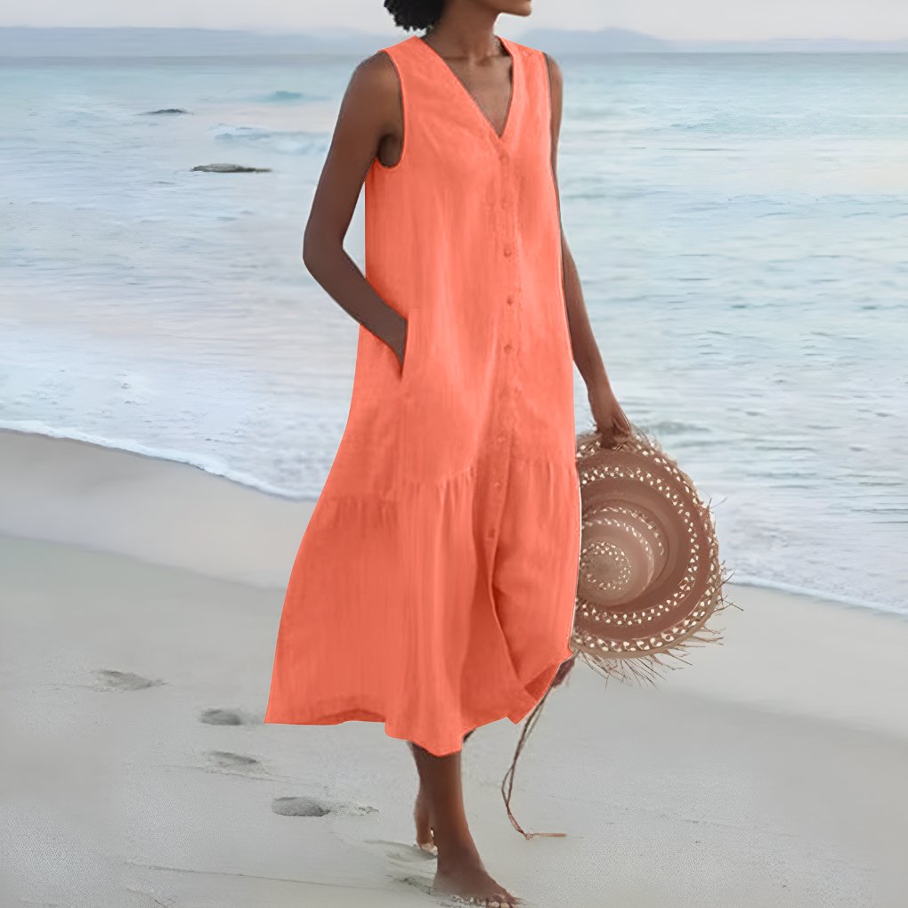 Calista | Sleeveless Linen Button Front Tiered Midi Dress