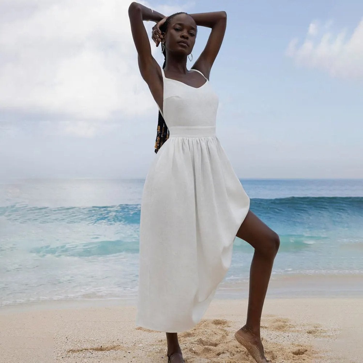 Althea | Linen Sleeveless Open Back Tie Strap Maxi Dress