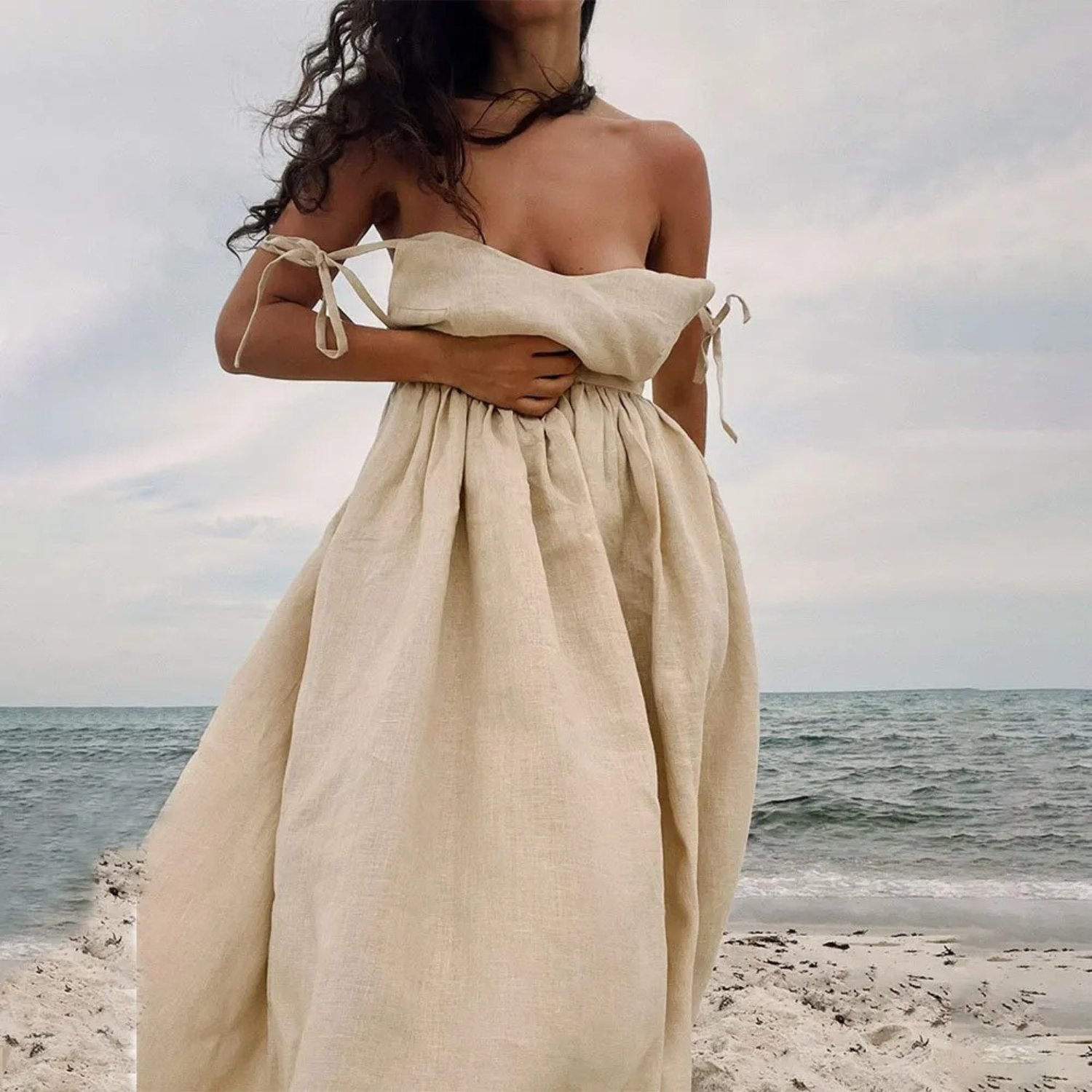 Althea | Linen Sleeveless Open Back Tie Strap Maxi Dress