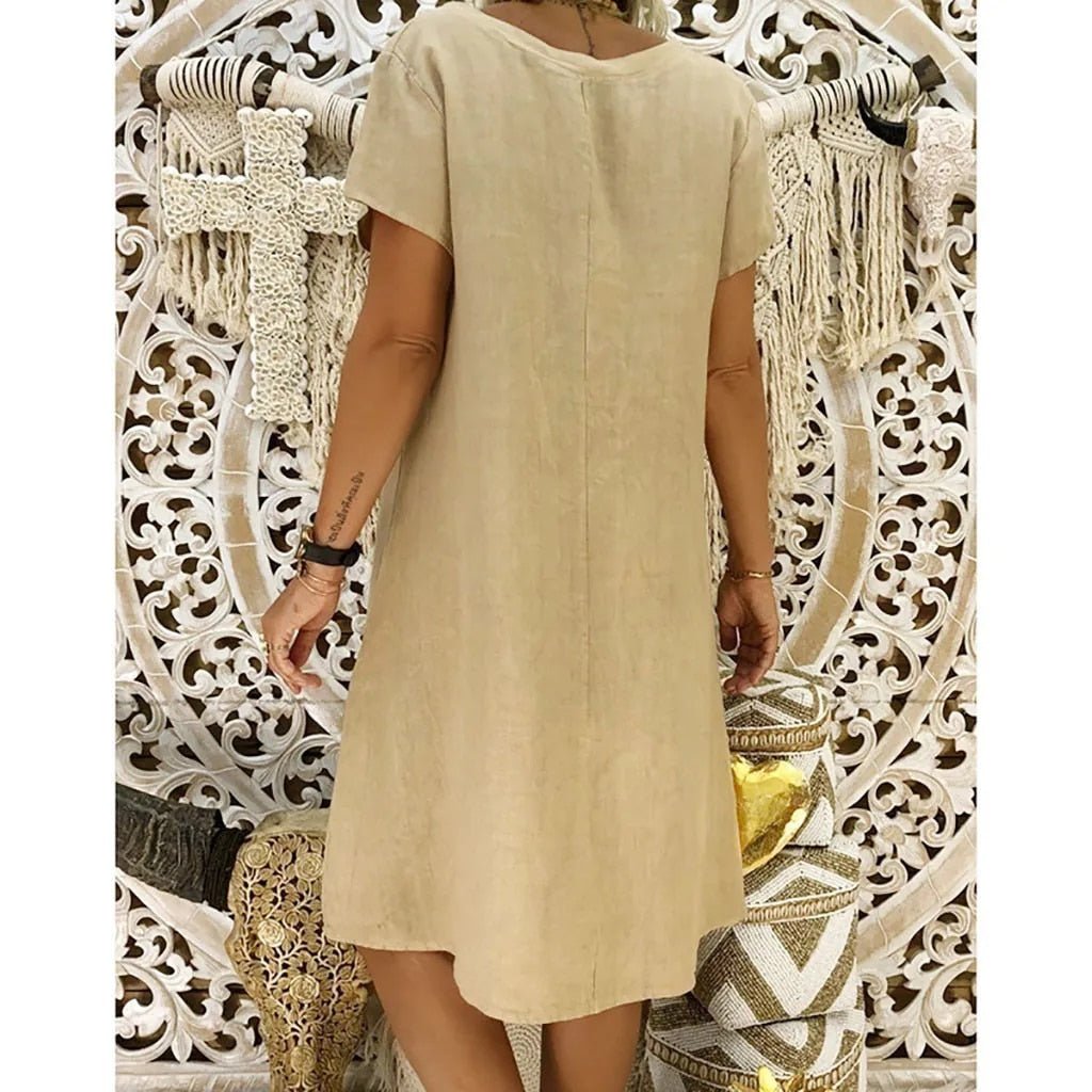 Zarela | Linen V Neck Short Sleeve A Line Mini Dress