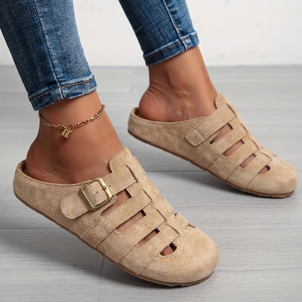 Aurora | Women's Suede Cutout Buckle Flat Slip On Clogs