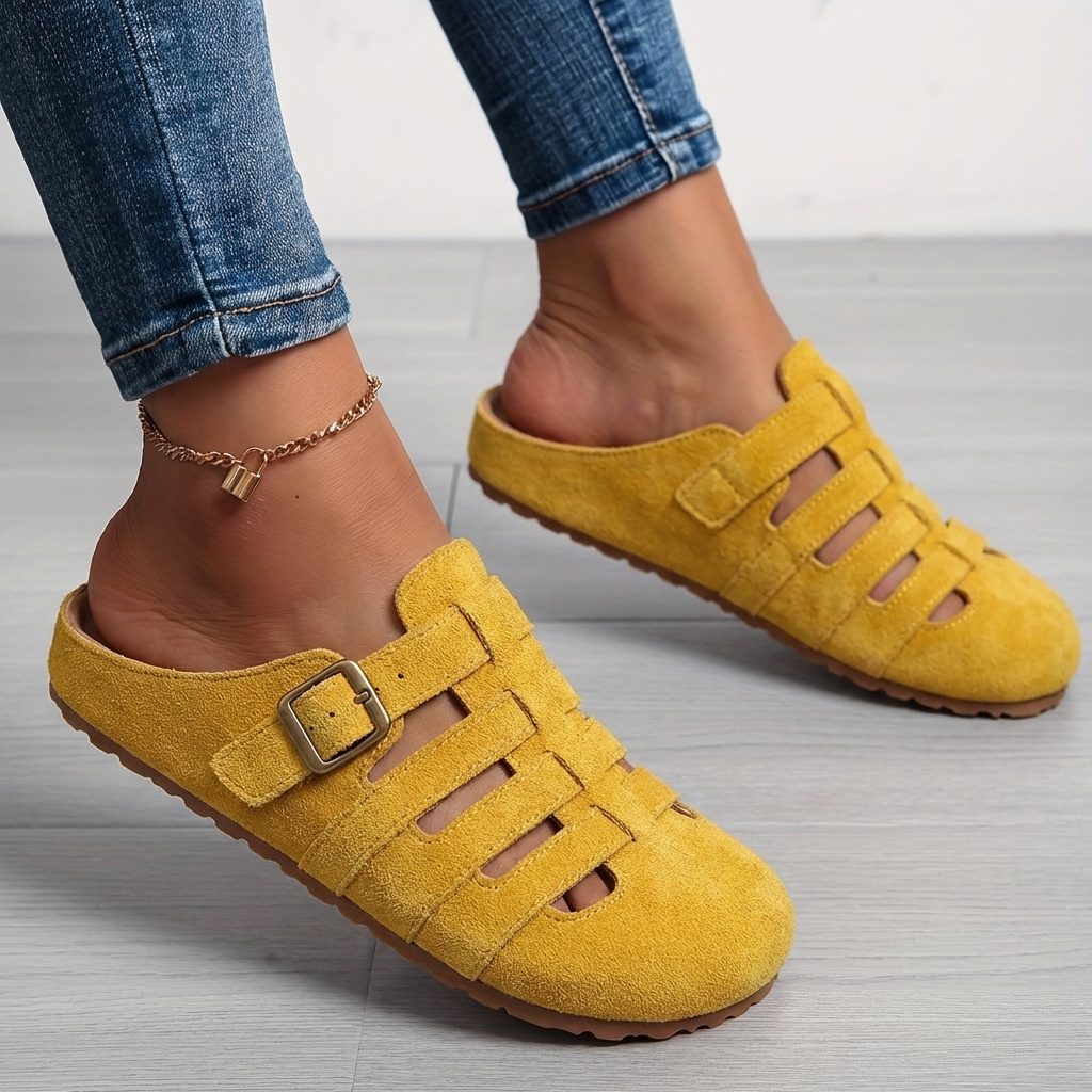 Aurora | Women's Suede Cutout Buckle Flat Slip On Clogs