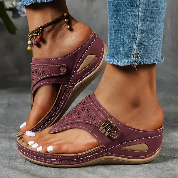 Zafira | Perforated Strap Wedge Thong Sandals