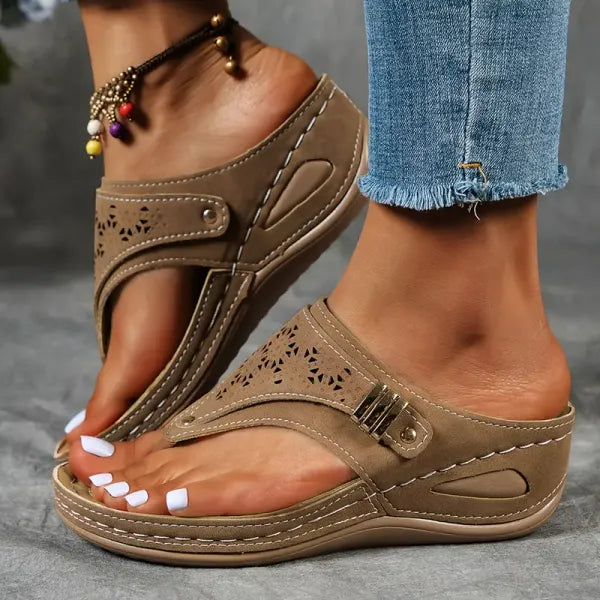 Zafira | Perforated Strap Wedge Thong Sandals