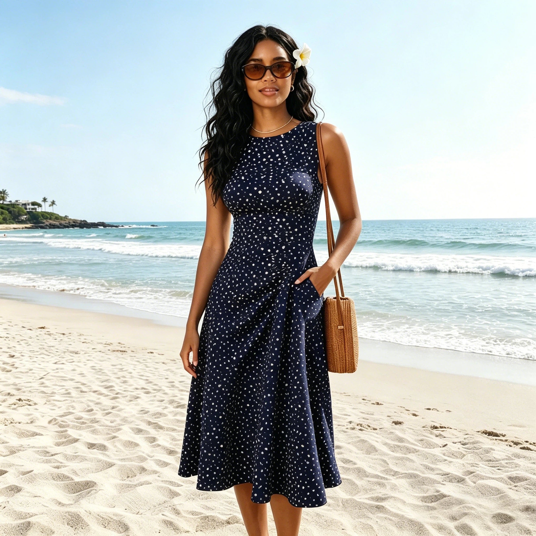 Elena | Polka Dot Sleeveless A-Line Midi Dress