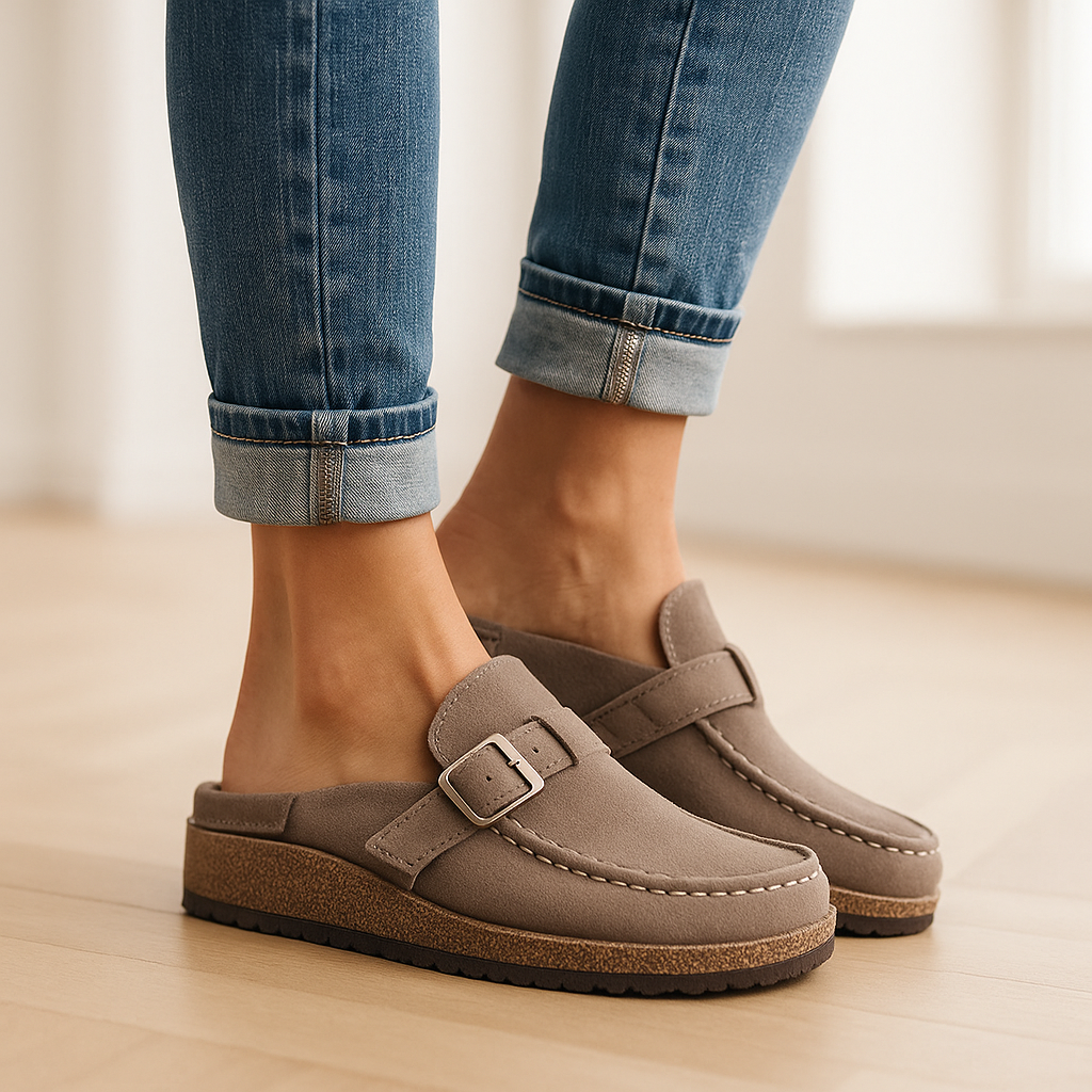 Camille | Women's Suede Buckle Strap Platform Slip On Clogs