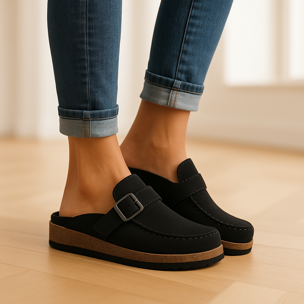 Camille | Women's Suede Buckle Strap Platform Slip On Clogs