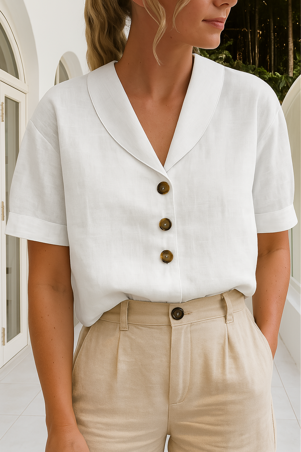 Selena | V-Neck Button-Up Blouse with Lapel Collar