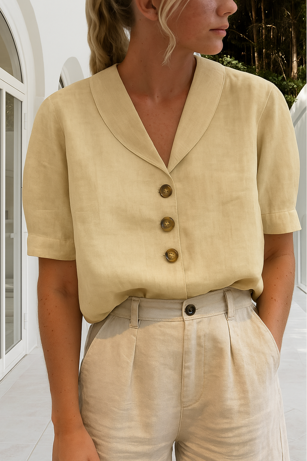 Selena | V-Neck Button-Up Blouse with Lapel Collar