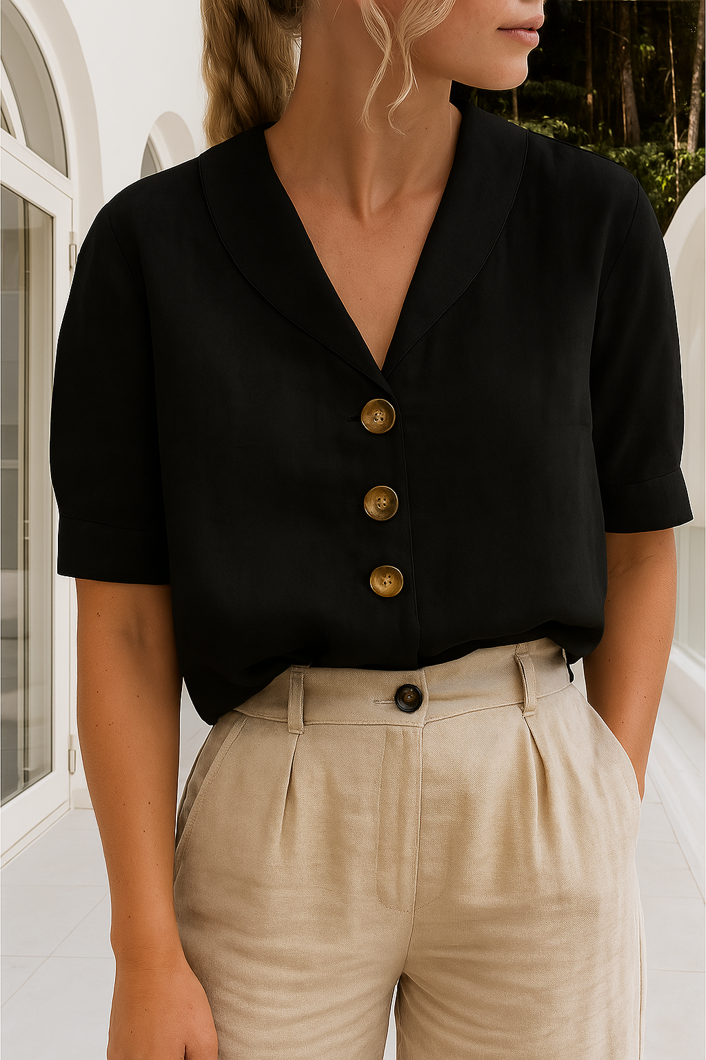 Selena | V-Neck Button-Up Blouse with Lapel Collar