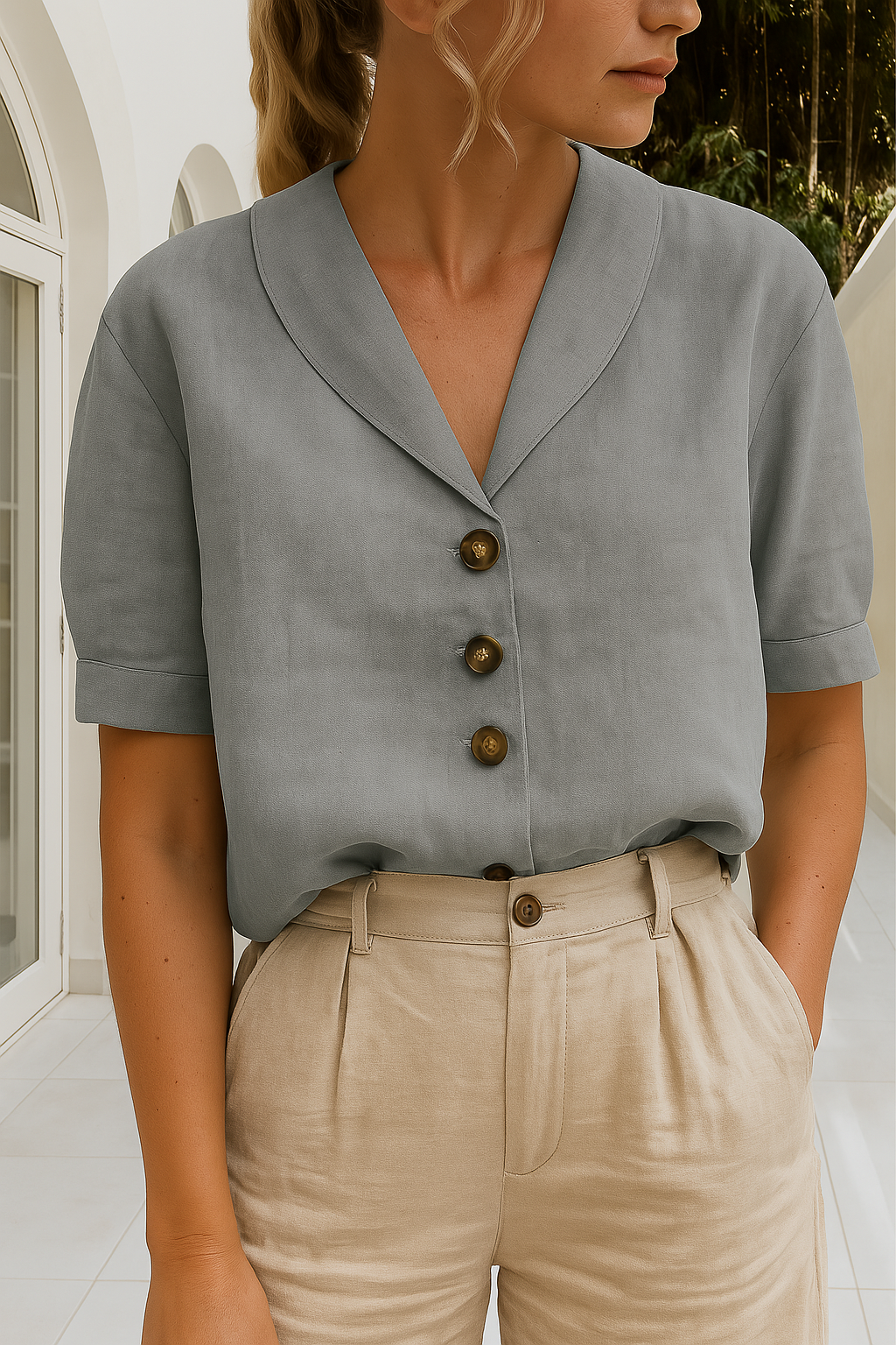 Selena | V-Neck Button-Up Blouse with Lapel Collar