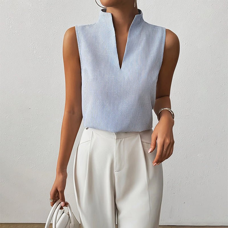 Sleeveless V-Neck Blouse Stand Collar
