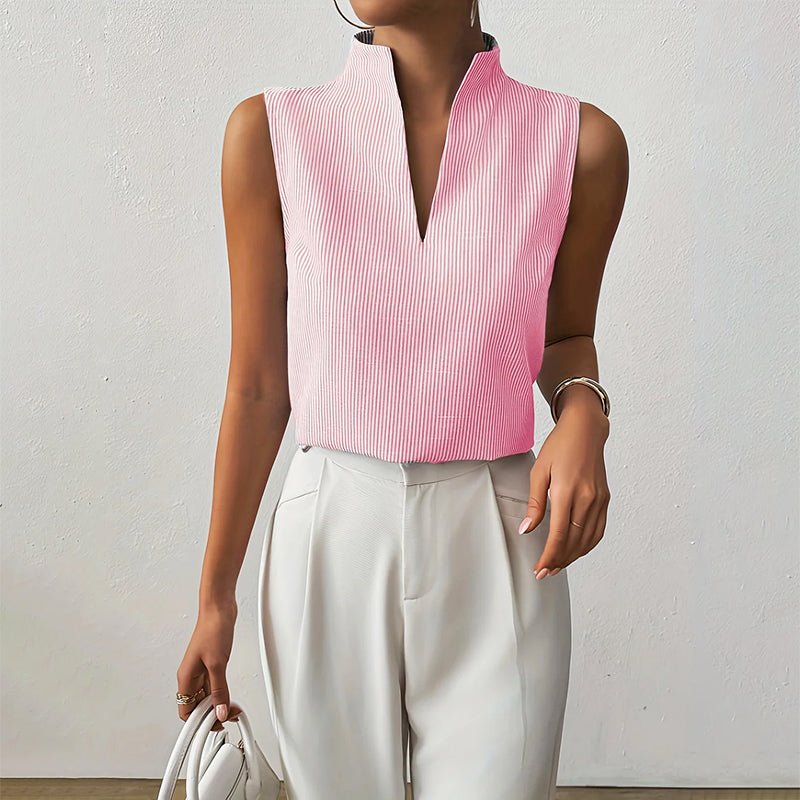 Sleeveless V-Neck Blouse Stand Collar