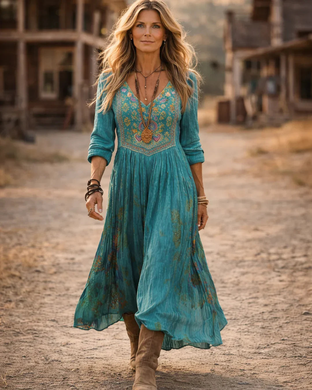 Tamara | Western Boho Embroidered V Neck Long Sleeve Maxi Dress