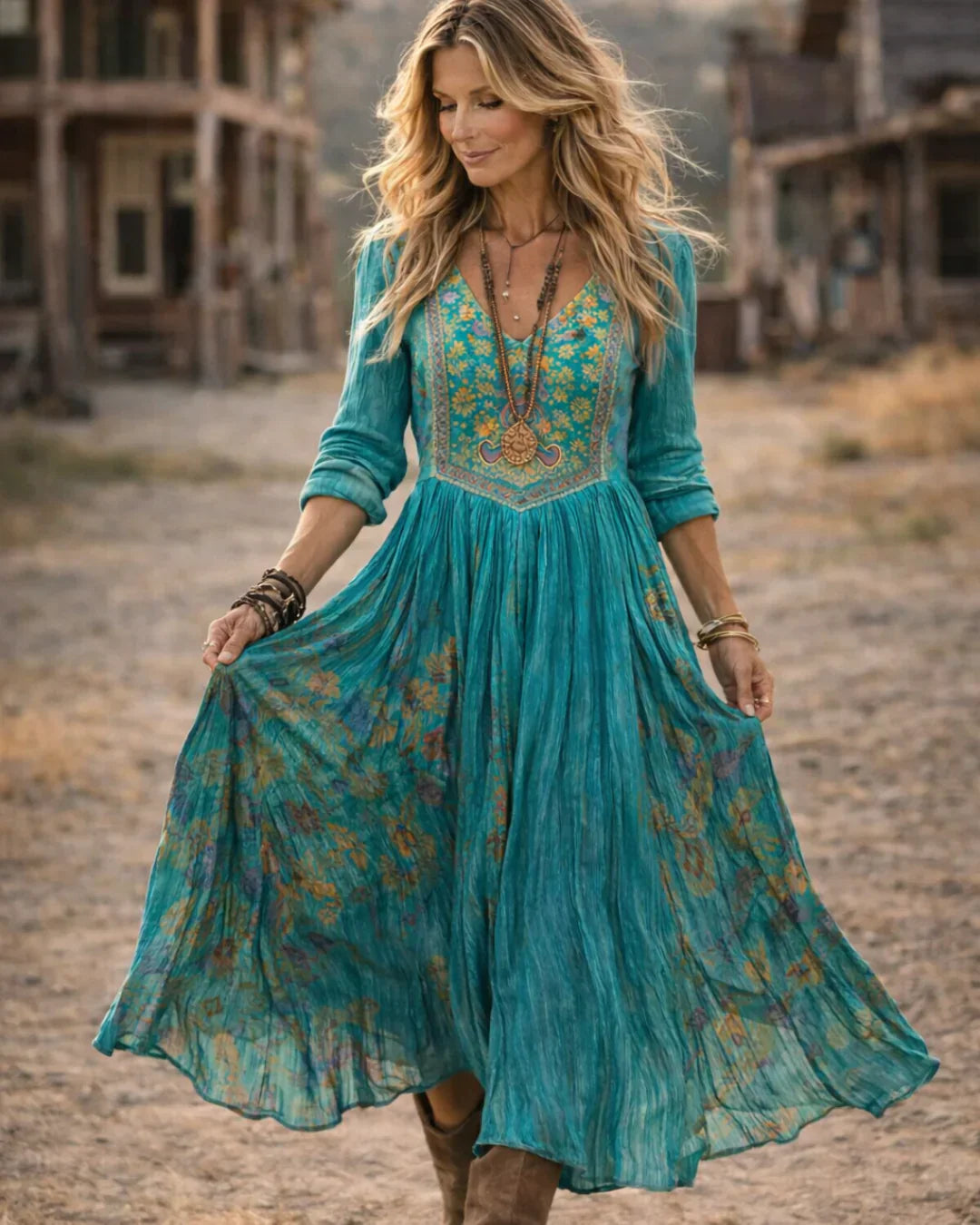 Tamara | Western Boho Embroidered V Neck Long Sleeve Maxi Dress