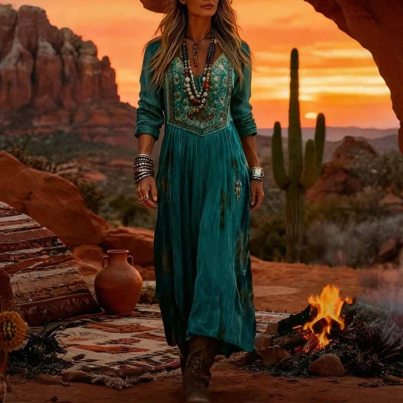 Tamara | Western Boho Embroidered V Neck Long Sleeve Maxi Dress
