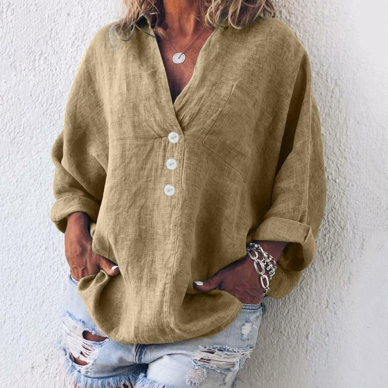 Elysia | Women's Linen V Neck Button Up Blouse