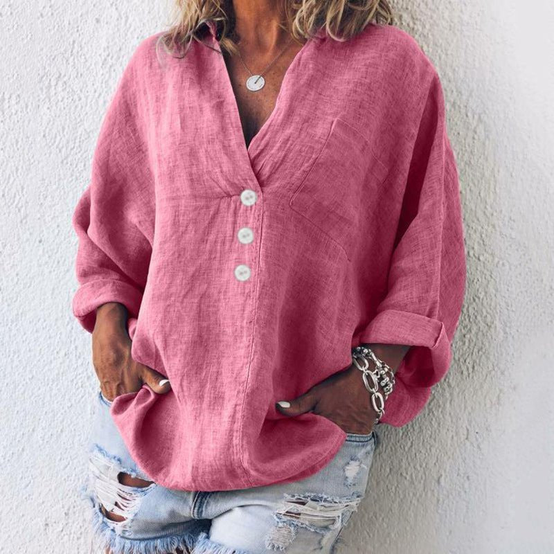 Elysia | Women's Linen V Neck Button Up Blouse
