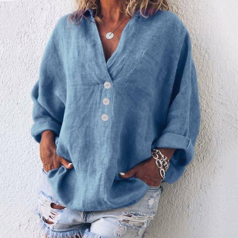 Elysia | Women's Linen V Neck Button Up Blouse