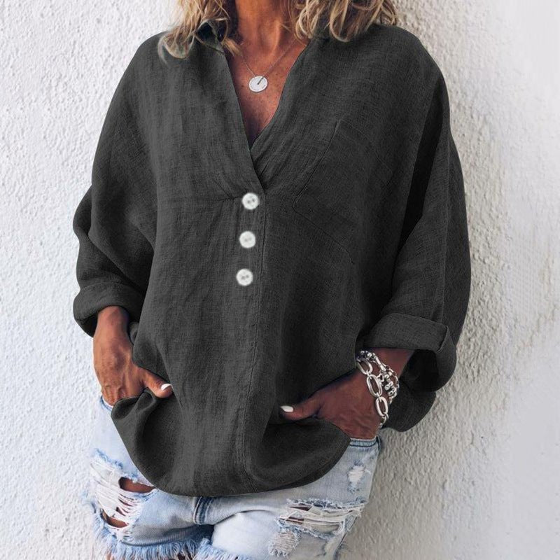 Elysia | Women's Linen V Neck Button Up Blouse