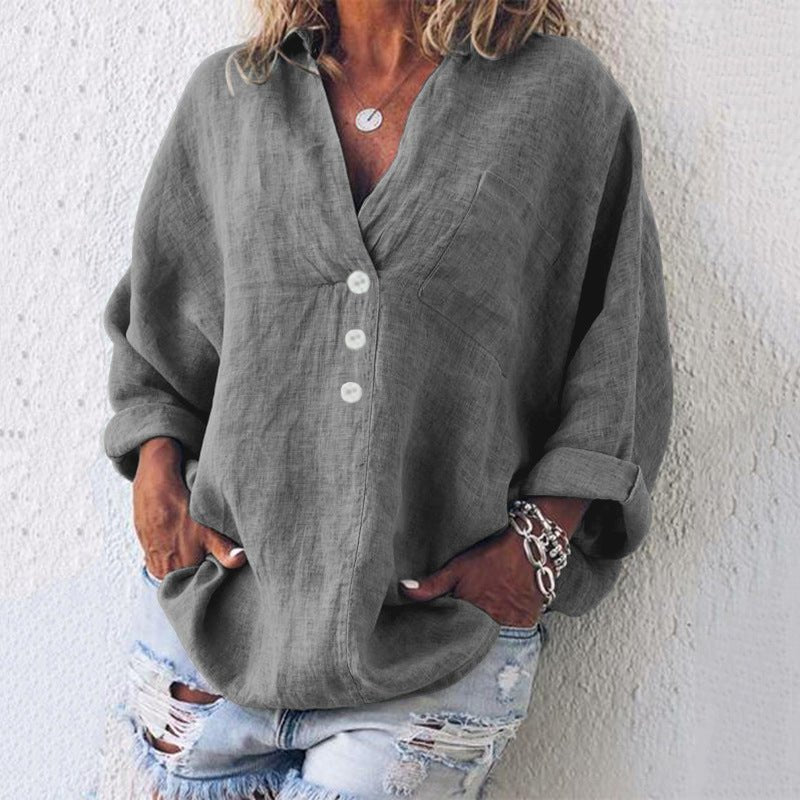 Elysia | Women's Linen V Neck Button Up Blouse