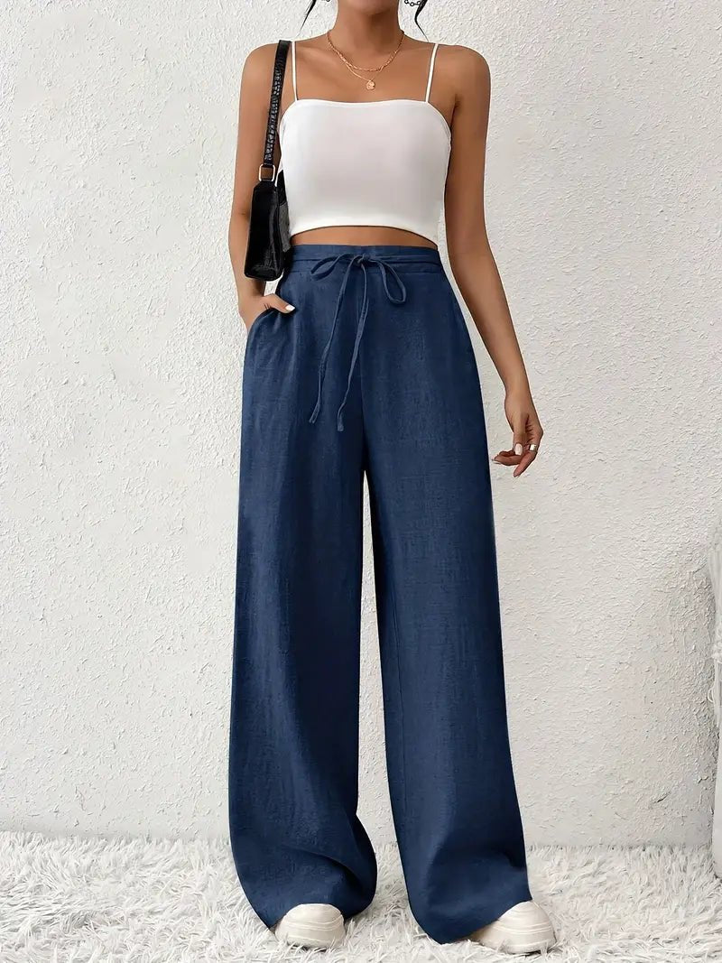Arlena | Women's High Waist Linen Drawstring Wide Leg Trousers