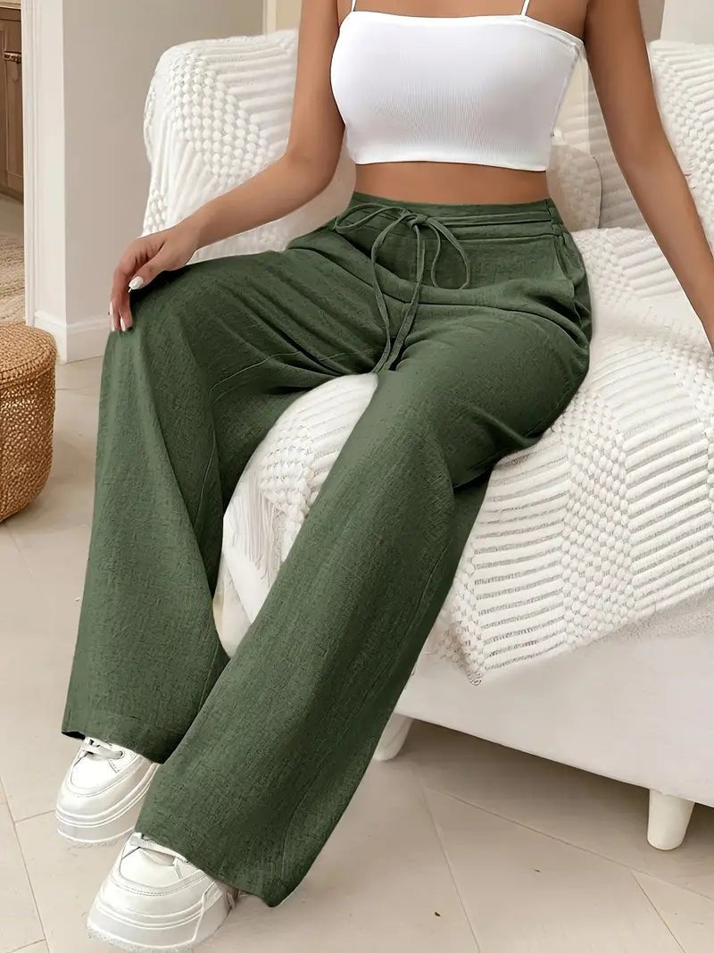 Arlena | Women's High Waist Linen Drawstring Wide Leg Trousers