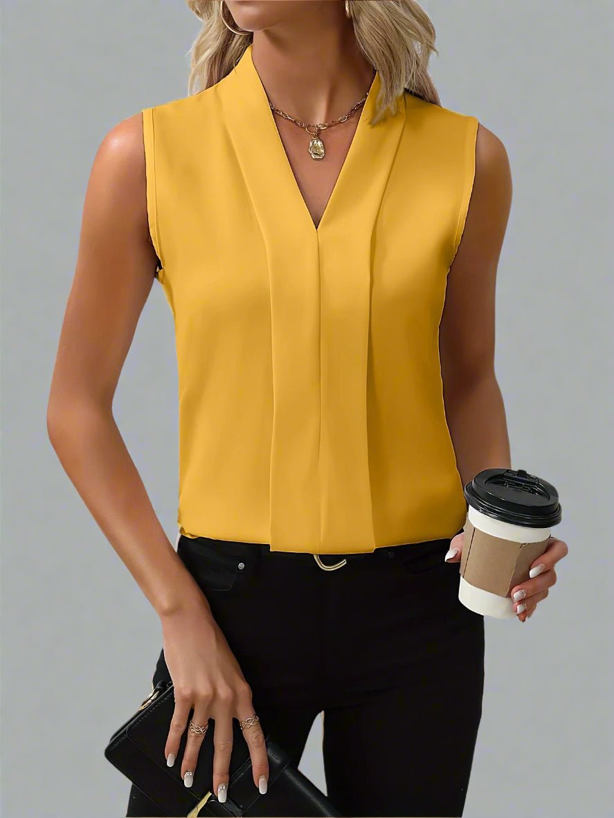 Layla | Women's Satin Sleeveless V-Neck Pleated Blouse